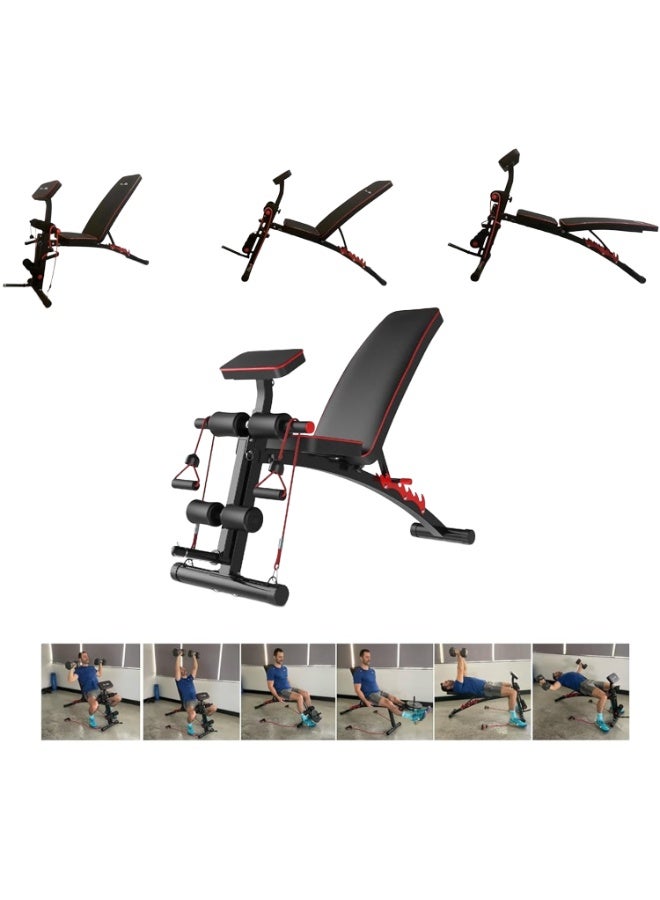 Fitness World A versatile, foldable, and adjustable weightlifting exercise bench with multiple incline positions, armrests, and resistance bands, featuring a sturdy steel frame – ideal for home workouts. - Image 2
